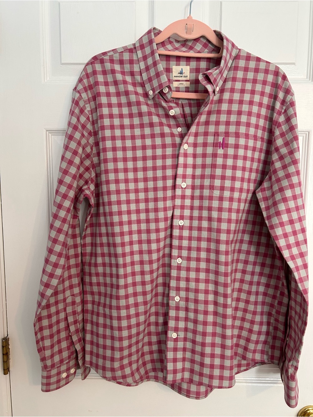 johnnie-O Hanging Out collection Pink and Grey Gingham Button-Down Shirt Sz L